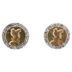 Antique 14k Rose Gold & Rose Cut Diamond Knight Stud Earrings Circa 1900s