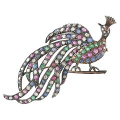 Antique 14K Rose Gold & Silver Diamond, Ruby, Sapphire & Emerald Peacock Brooch