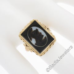 Antique 14k Rosy Gold Carved Trojan Knight Agate Detailed Cocktail Ring