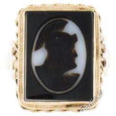 Antique 14k Rosy Gold Carved Trojan Knight Agate Detailed Cocktail Ring