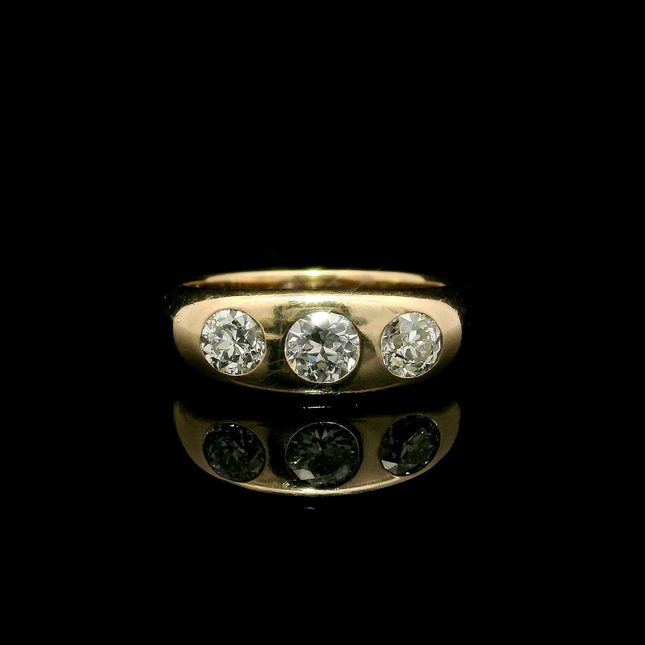 --Stone(s):--
(3) Natural Genuine Diamonds - Old European Cut -Burnish Set - G/H Color - VS2 Clarity - 1.0ctw (approx.)

Material: Solid 14k Rosy Yellow Gold 
Weight: 8.03 Grams
Ring Size: 8.0 (Fitted on a finger, please contact us prior to purchase