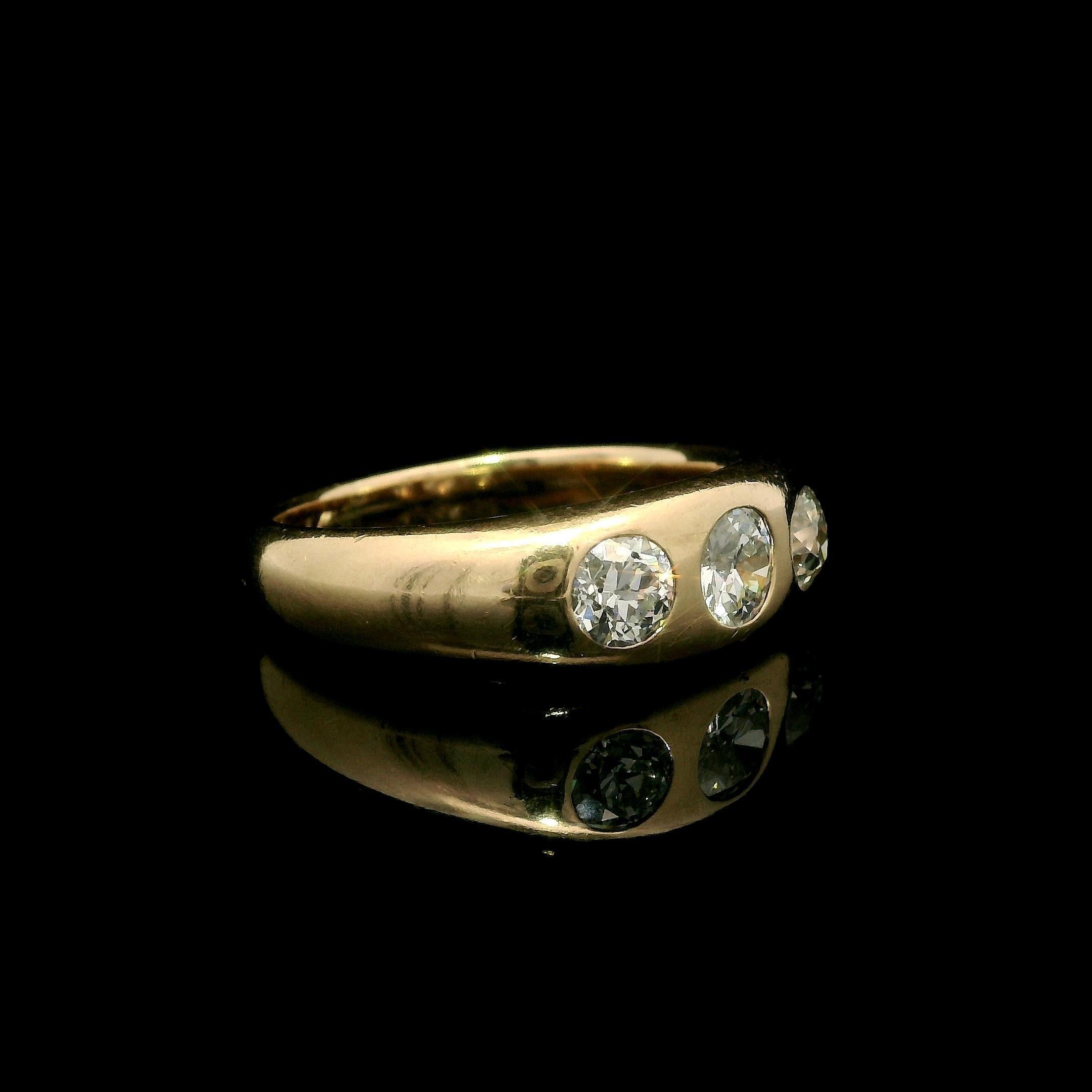 Old European Cut Antique 14k Rosy Yellow Gold 1.0ctw European Diamond 3 Stone Burnish Band Ring For Sale