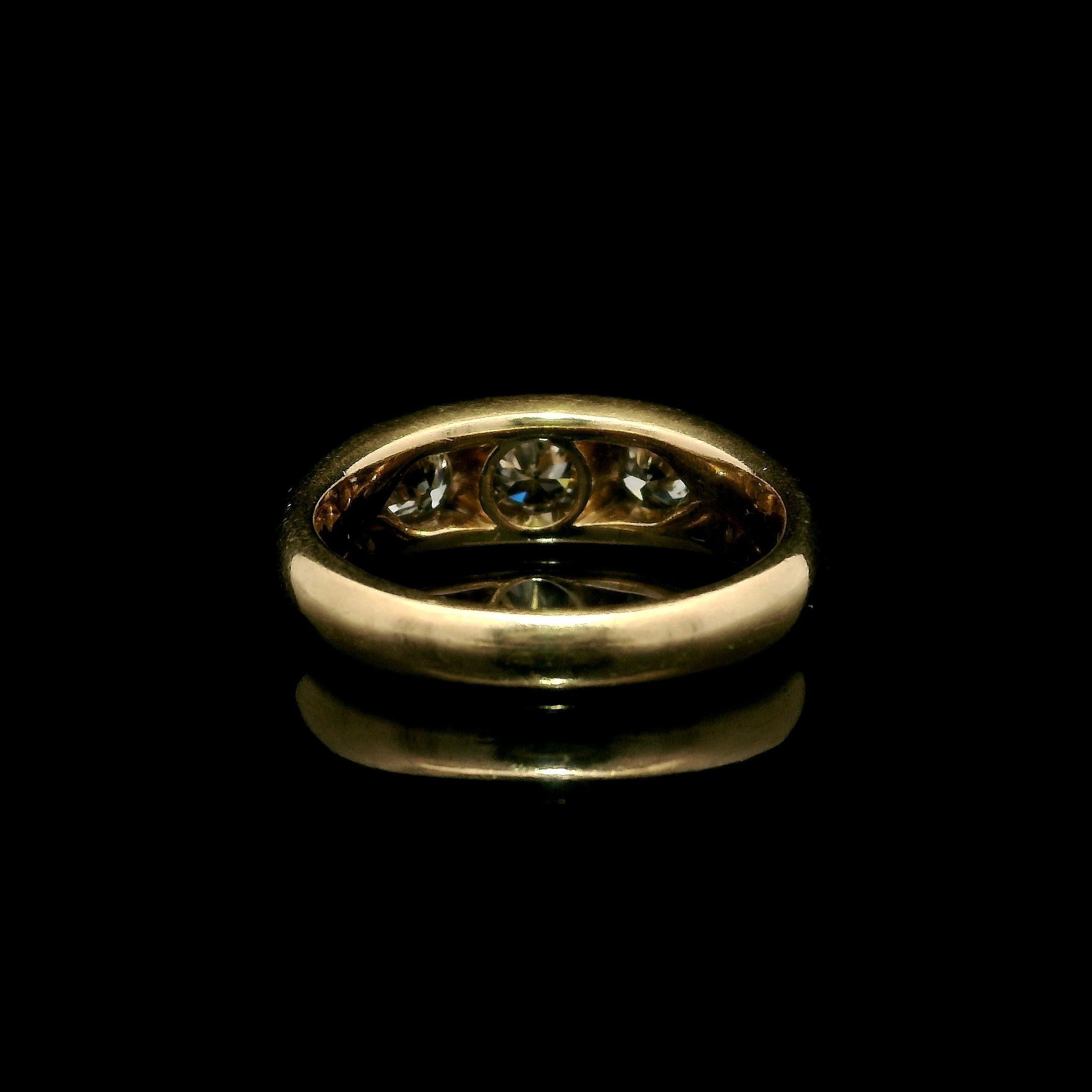 Women's Antique 14k Rosy Yellow Gold 1.0ctw European Diamond 3 Stone Burnish Band Ring For Sale