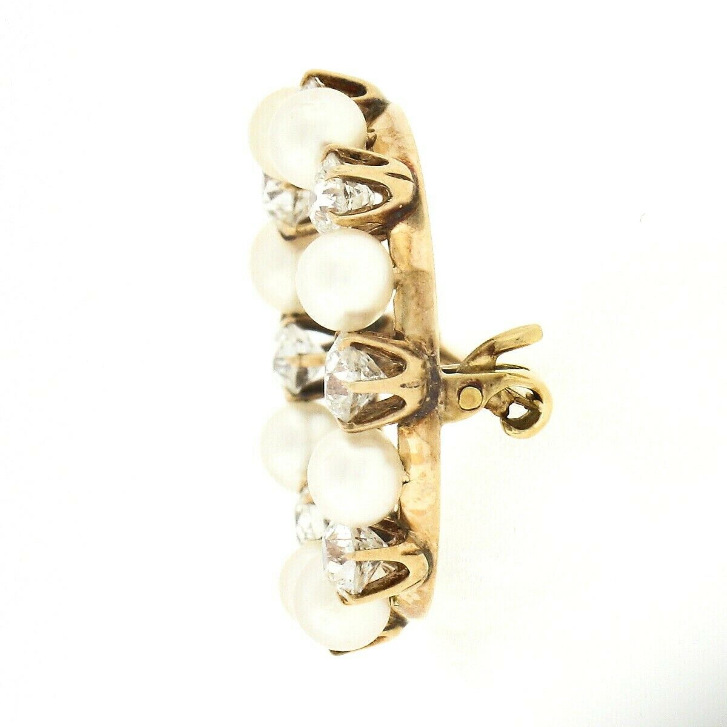 Broche couronne ancienne en forme de couronne en or jaune rosé 14 carats avec perles et diamants ronds de 1,50 carat Bon état - En vente à Montclair, NJ