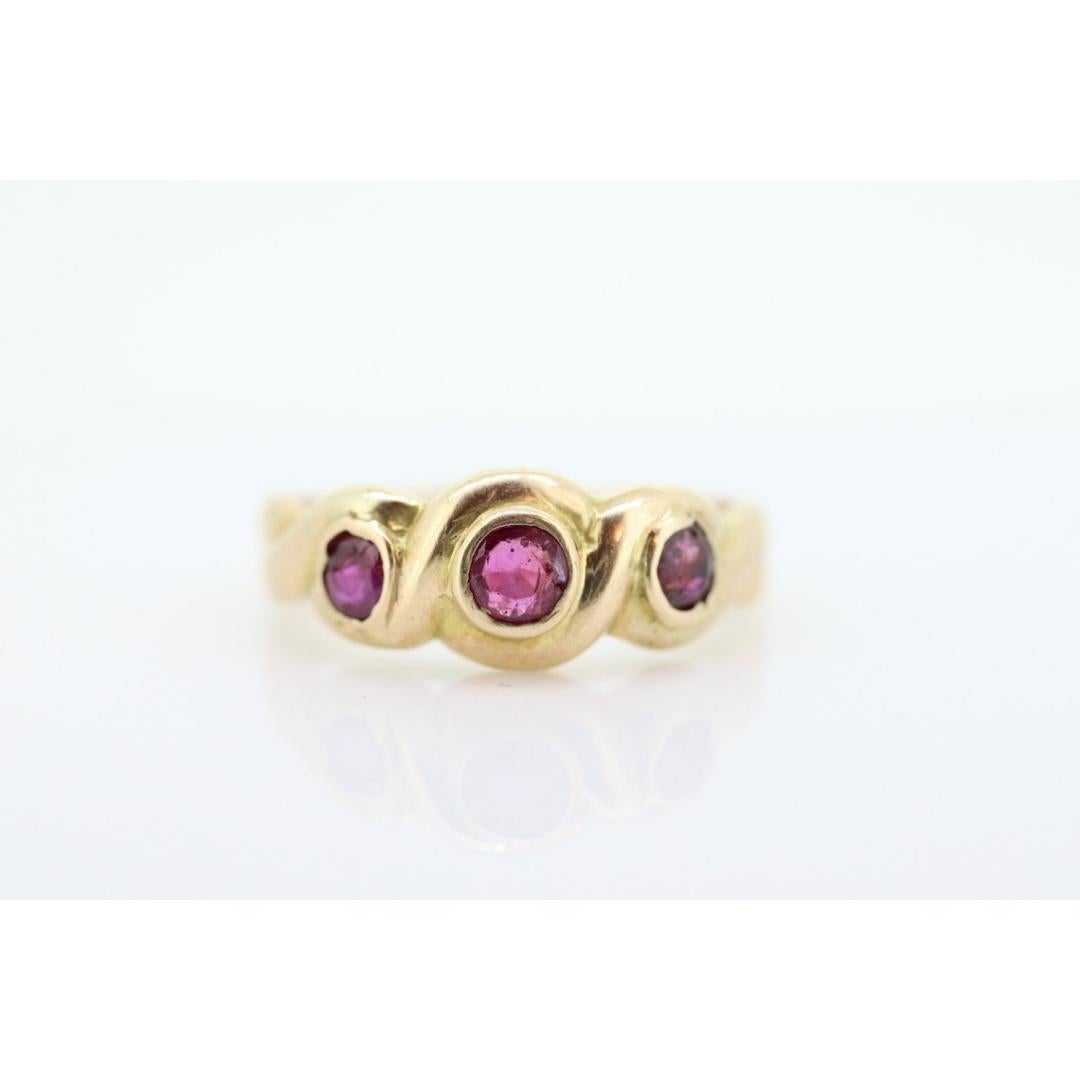Antique 14k Ruby Ring. Bezel set Triple Ruby ring. 14k yellow gold and Trio 2