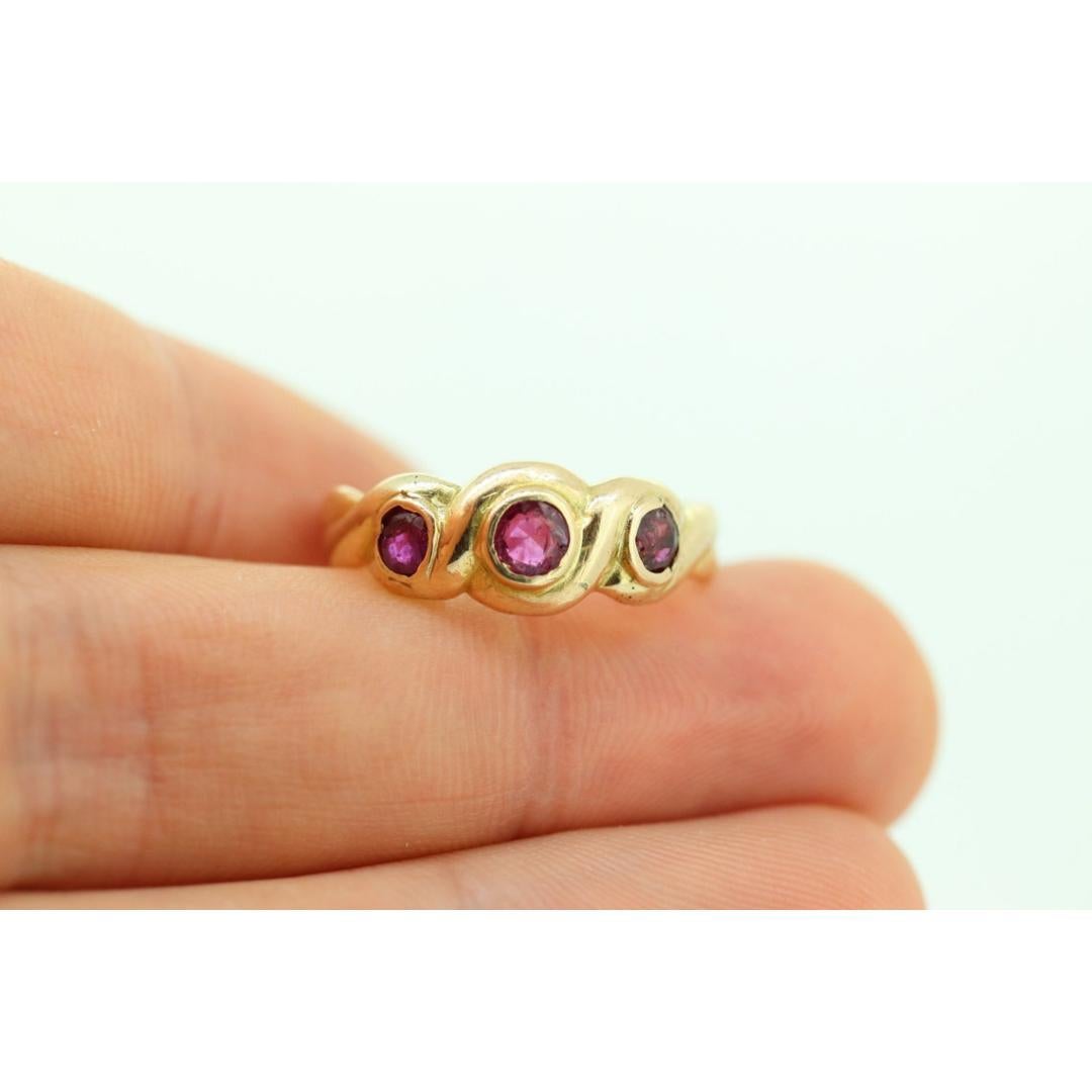 Antique 14k Ruby Ring. Bezel set Triple Ruby ring. 14k yellow gold and Trio 5