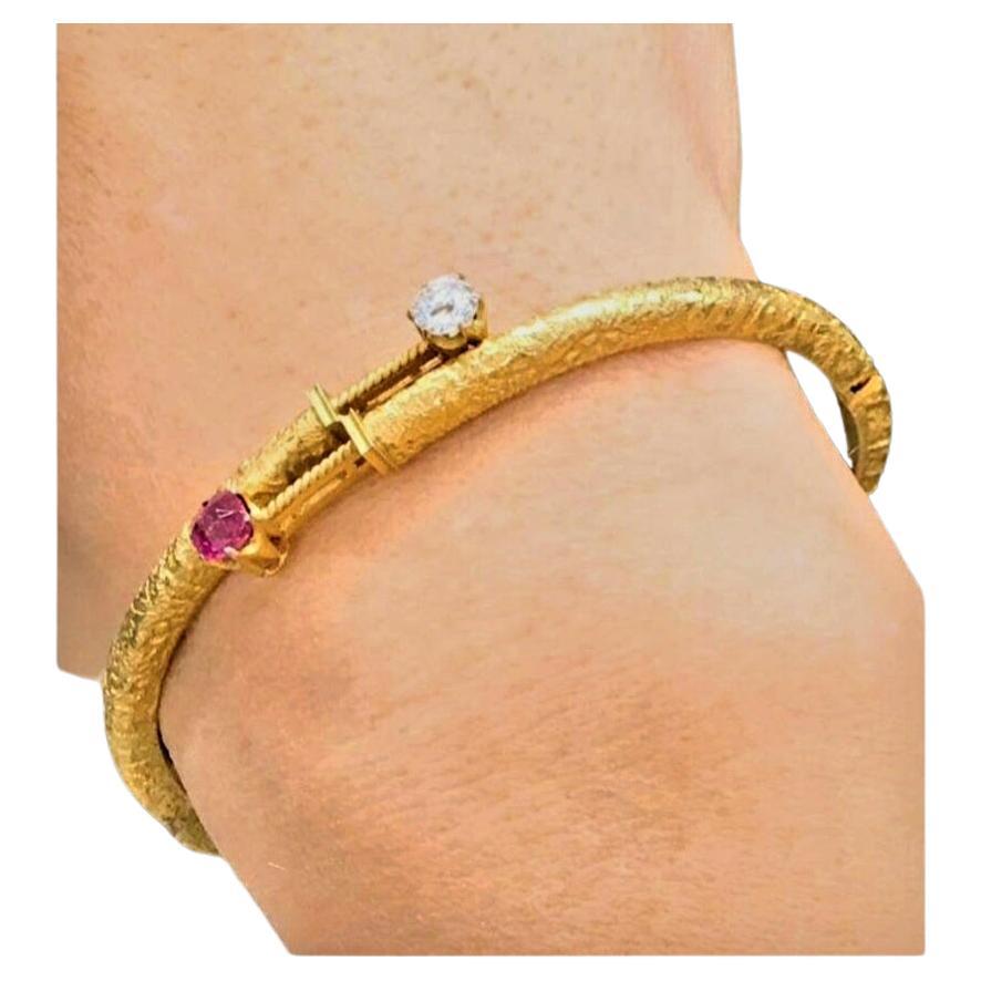 Antique 1880s Ruby And Diamond Gold Bangle Braclete For Sale 3