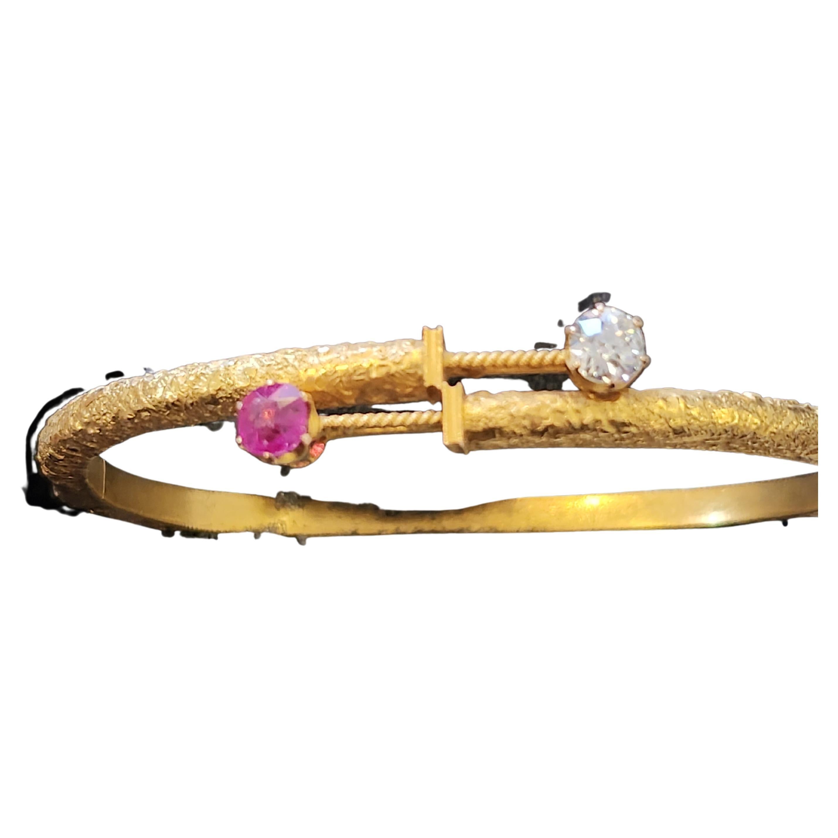 Women's Antique 1880s Ruby And Diamond Gold Bangle Braclete For Sale