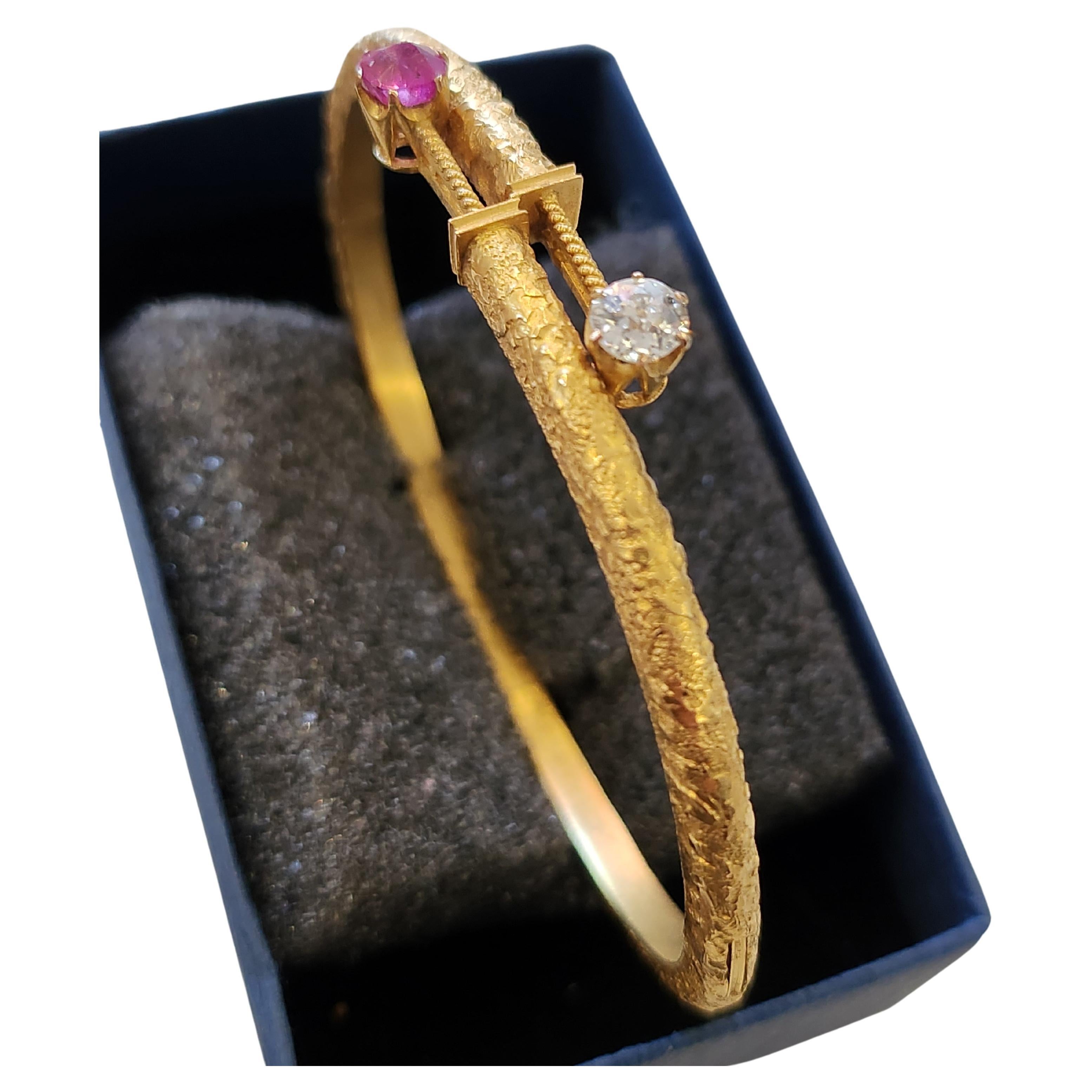 Antique 1880s Ruby And Diamond Gold Bangle Braclete For Sale 1