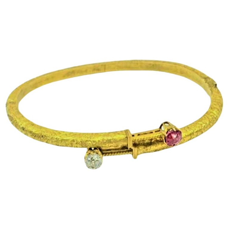 Antique 14k Russian Gold Ruby Diamond Cuff Braclete For Sale at 1stDibs
