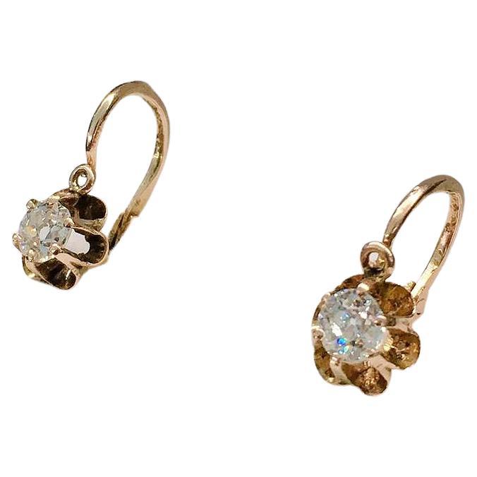 Boucles d'oreilles russes anciennes en or avec diamants taille vieille mine Pour femmes en vente
