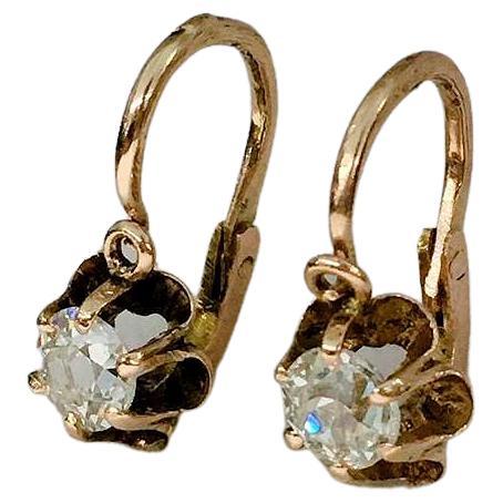 Antique Old Mine Cut Diamond Russian Gold Earrings