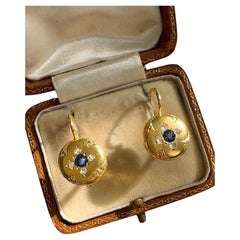 Boucles d'oreilles "bouton" circulaires en saphir et diamant, 14k antique
