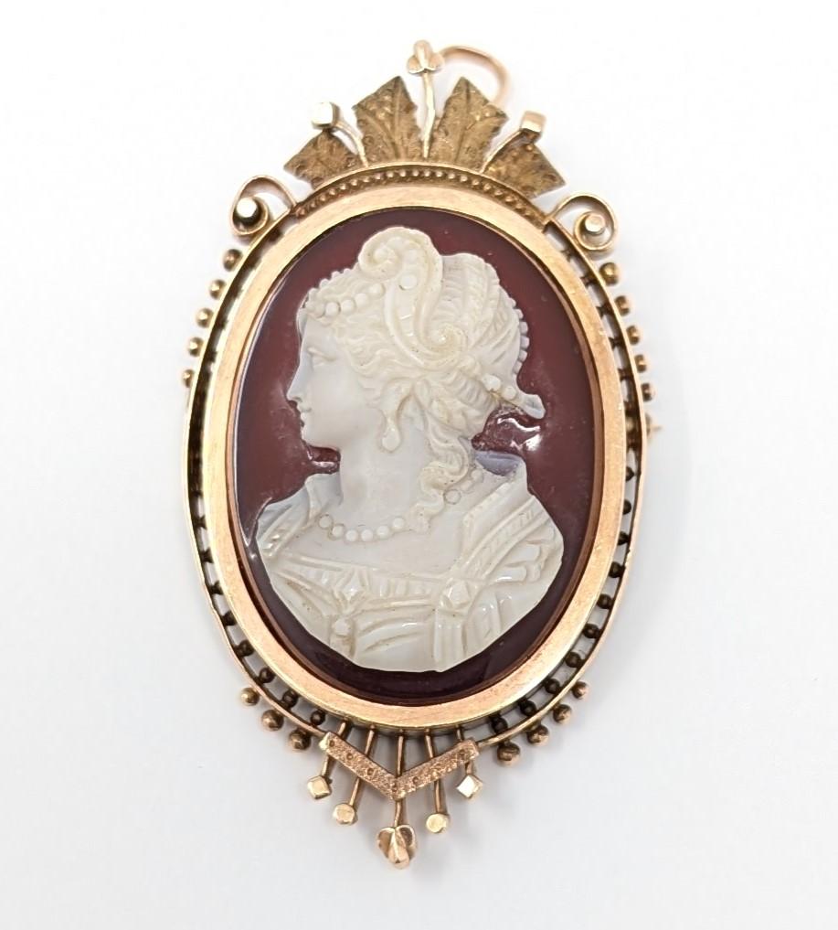 Cabochon Antique 14k Sardonyx Cameo Brooch Pin Pendant Hand Carved Vintage Estate Jewelry For Sale