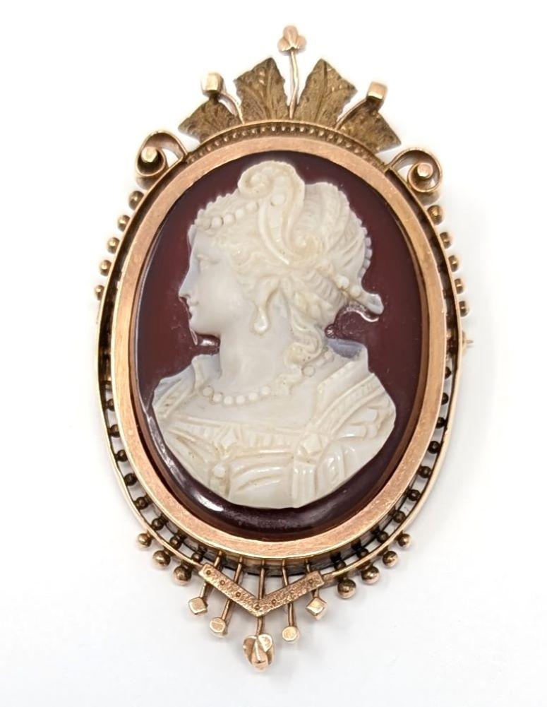 Antique 14k Sardonyx Cameo Brooch Pin Pendant Hand Carved Vintage Estate Jewelry In Good Condition For Sale In Greer, SC