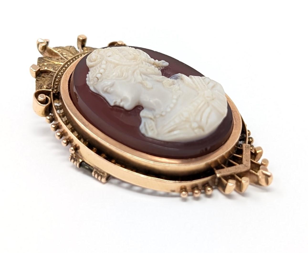 Women's Antique 14k Sardonyx Cameo Brooch Pin Pendant Hand Carved Vintage Estate Jewelry For Sale