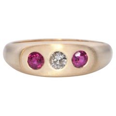 Antique 14k Satin Yellow Gold Three Stone Diamond and Ruby Ring