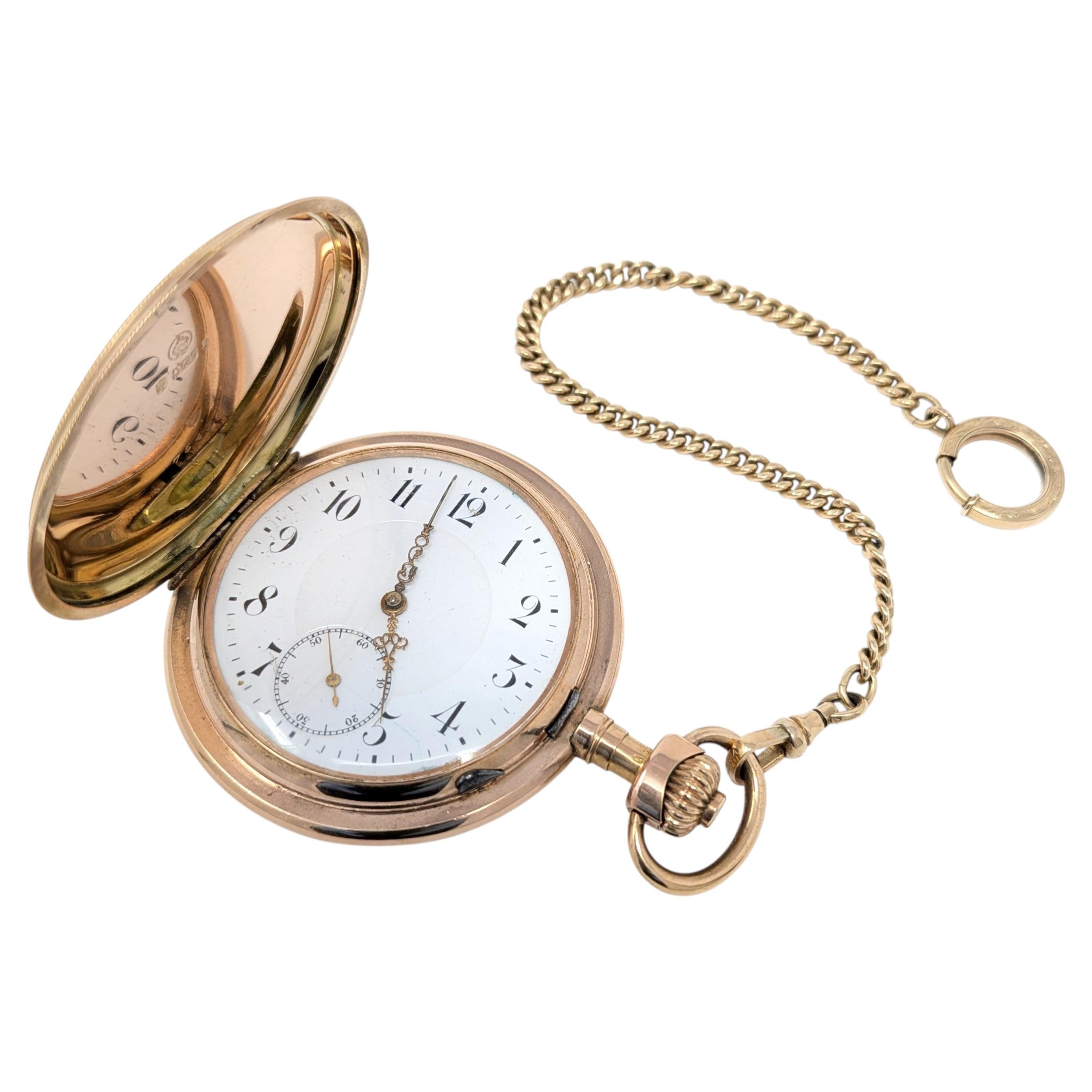 Antique 14k Solid Gold Pocket Watch Engraved Hunters Case with Gold Filled Chain For Sale