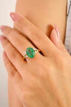 Antique 14K Solid Yellow Gold Oval Emerald and Diamond Cocktail Ring for Her