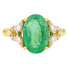 Antique 14K Solid Yellow Gold Oval Emerald and Diamond Cocktail Ring for Her
