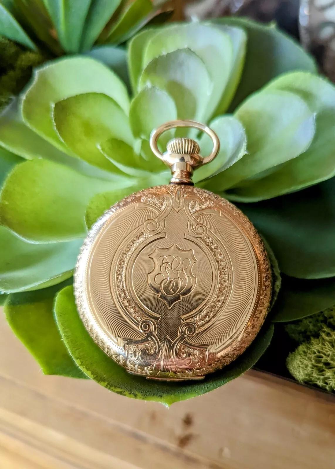 Antique 14k Solid Yellow Gold Waltham Pocket Watch Keystone Hunter Case Monogram For Sale 6