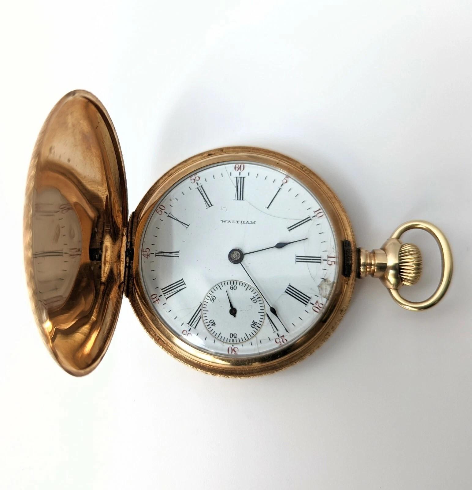 Antique 14k Solid Yellow Gold Waltham Pocket Watch Keystone Hunter Case Monogram In Fair Condition For Sale In Greer, SC