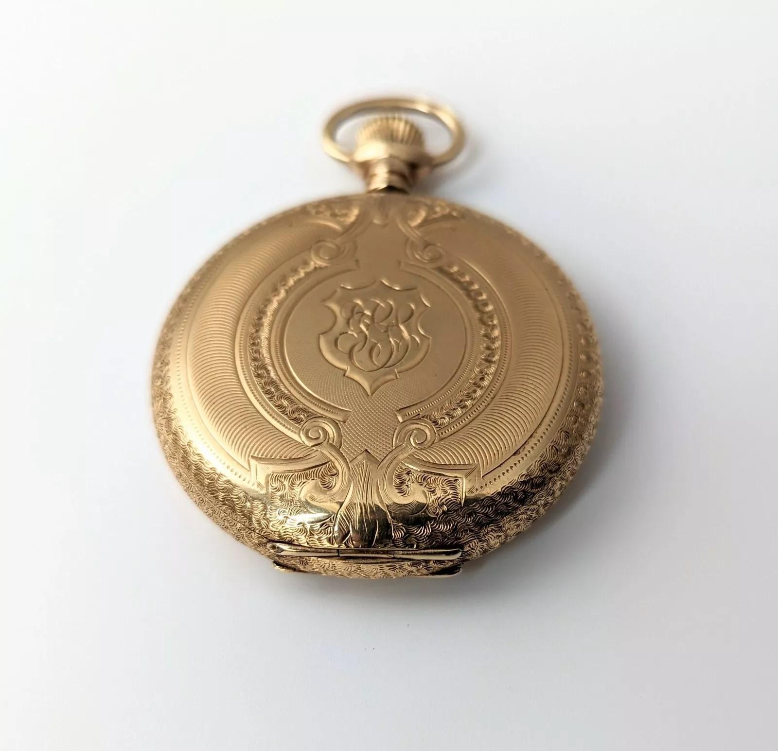 Antique 14k Solid Yellow Gold Waltham Pocket Watch Keystone Hunter Case Monogram For Sale 1