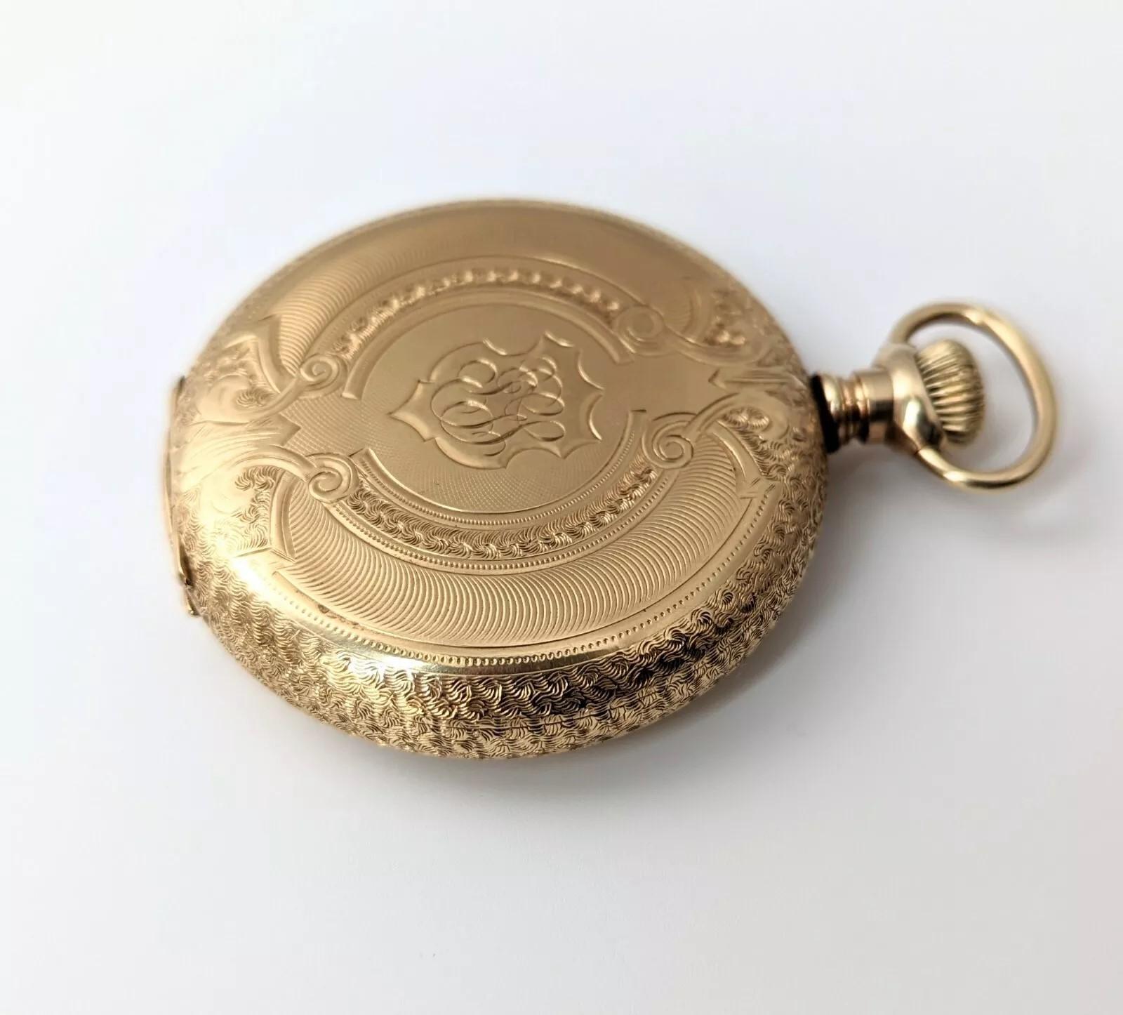 Antique 14k Solid Yellow Gold Waltham Pocket Watch Keystone Hunter Case Monogram For Sale 2