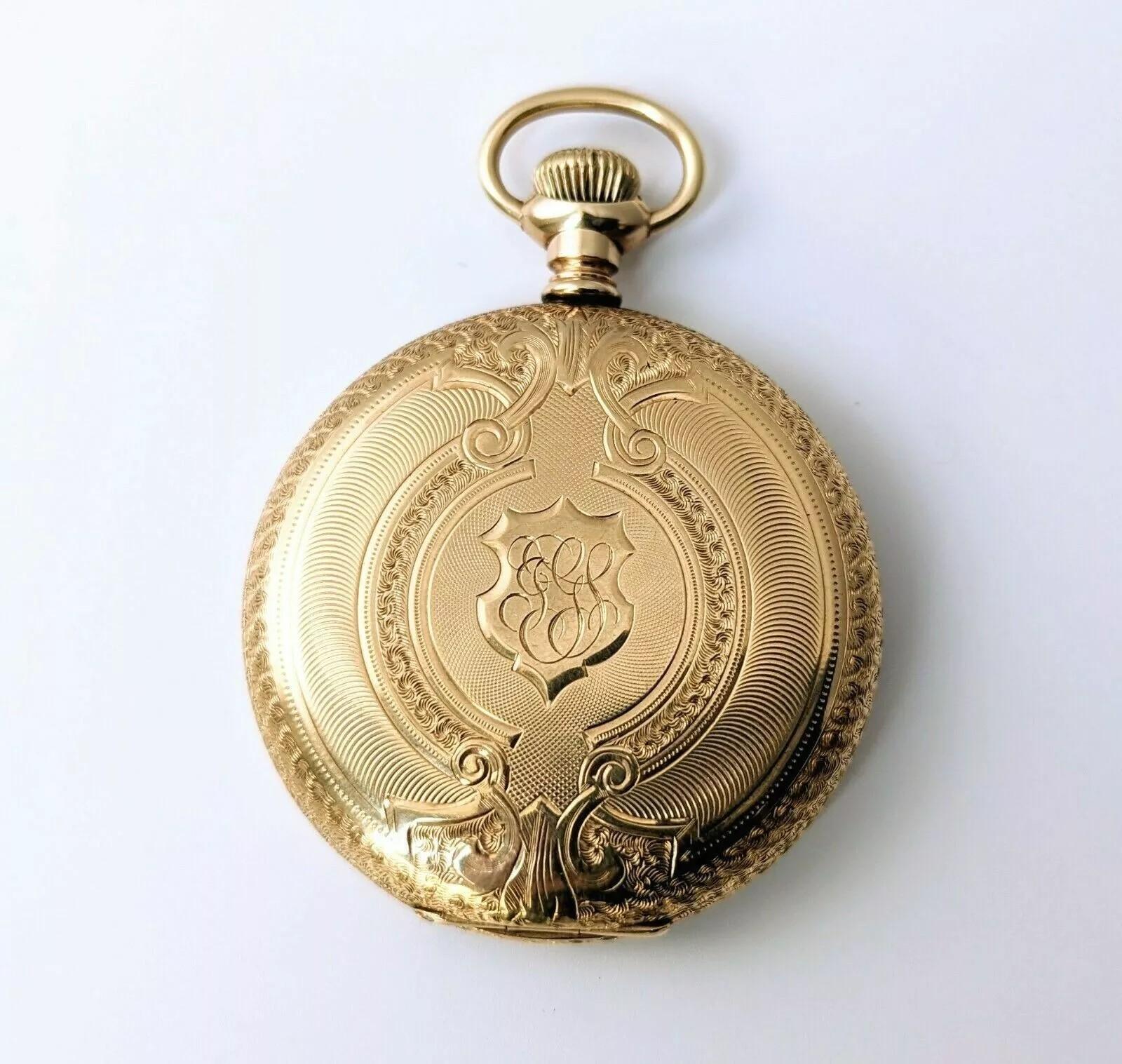 Antique 14k Solid Yellow Gold Waltham Pocket Watch Keystone Hunter Case Monogram For Sale 3