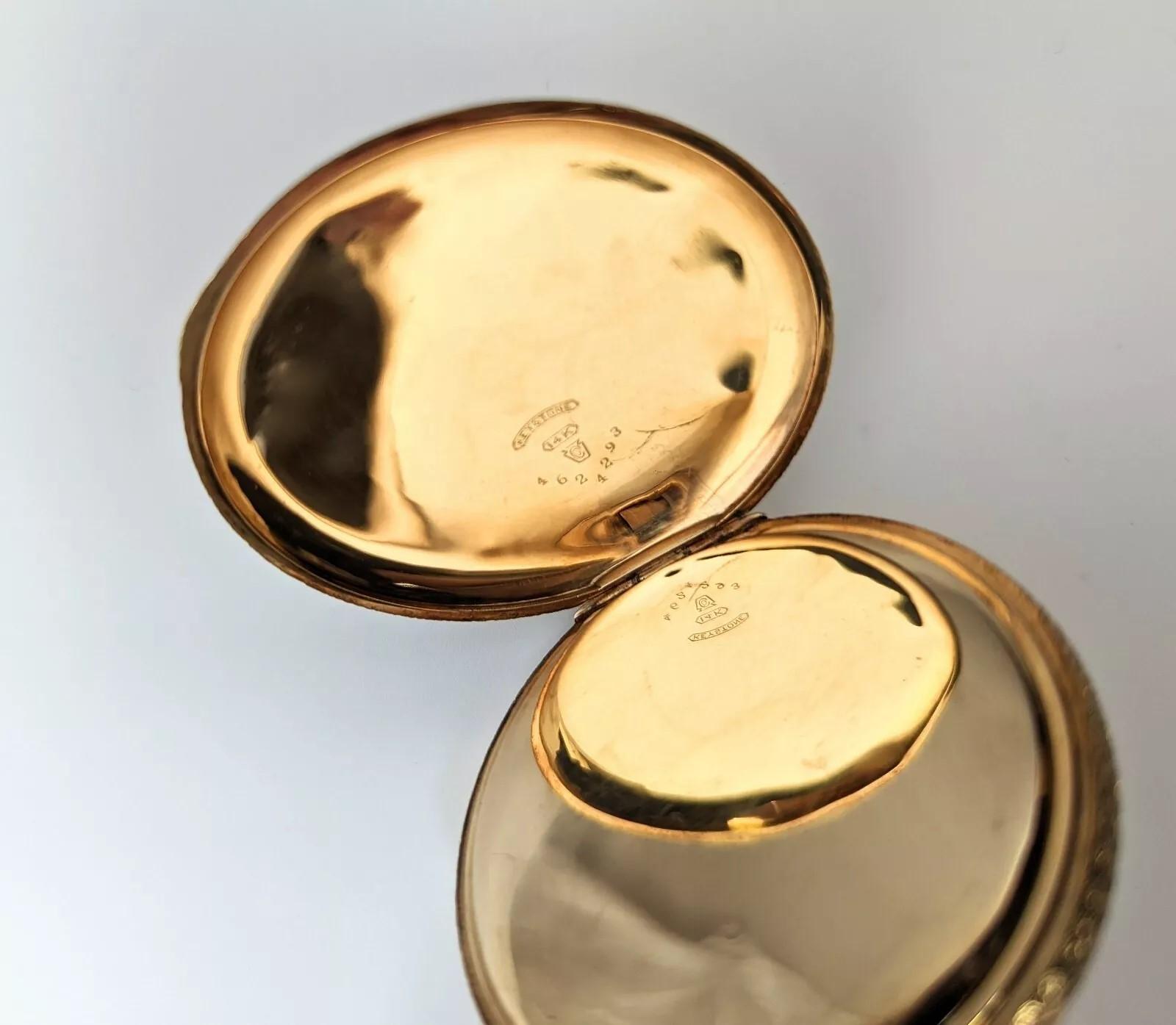 Antique 14k Solid Yellow Gold Waltham Pocket Watch Keystone Hunter Case Monogram For Sale 4