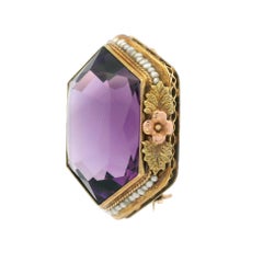 Antique 14k Tri Color Gold Unique Shape Amethyst w/ Seed Pearl Floral Pin Brooch