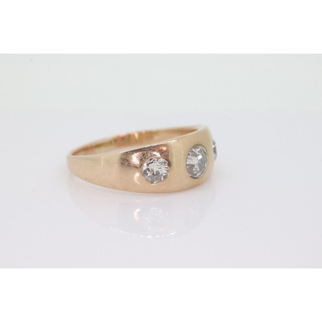 Antique 14k Triple Diamond signet ring. Gypsy Diamond bezel set into Signet band For Sale 5