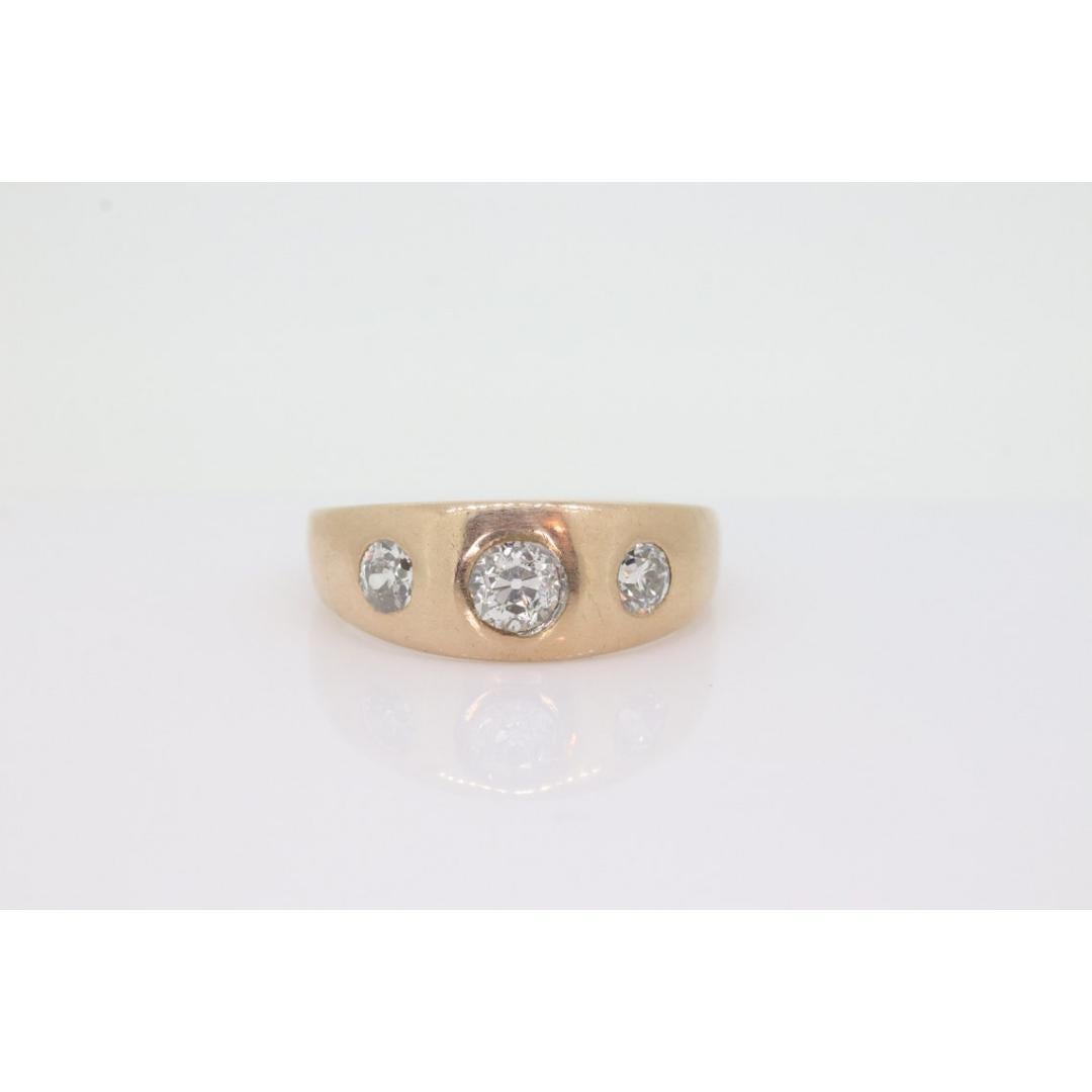 Antique 14k Triple Diamond signet ring. Gypsy Diamond bezel set into Signet band For Sale 6