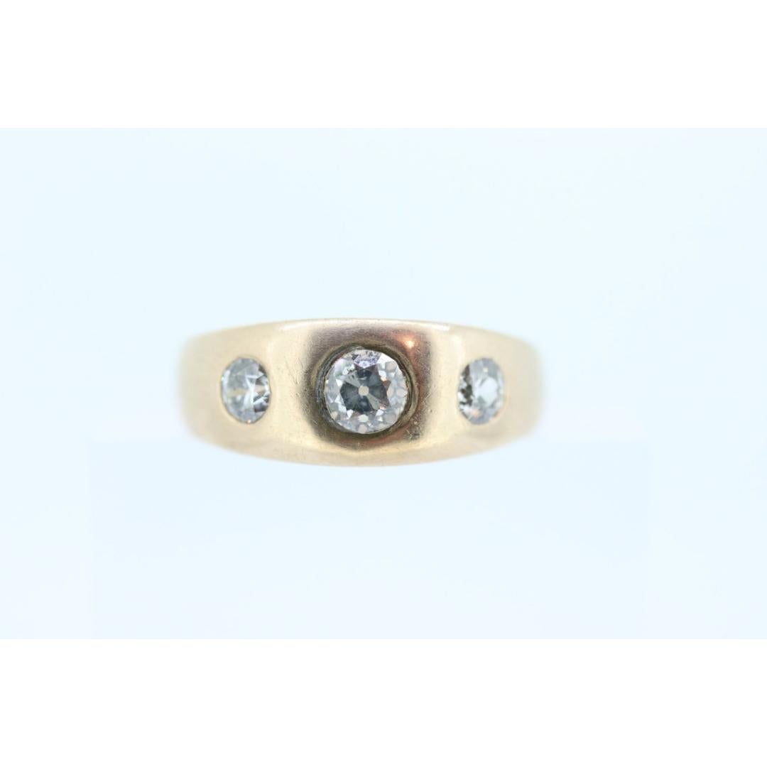 Round Cut Antique 14k Triple Diamond signet ring. Gypsy Diamond bezel set into Signet band For Sale