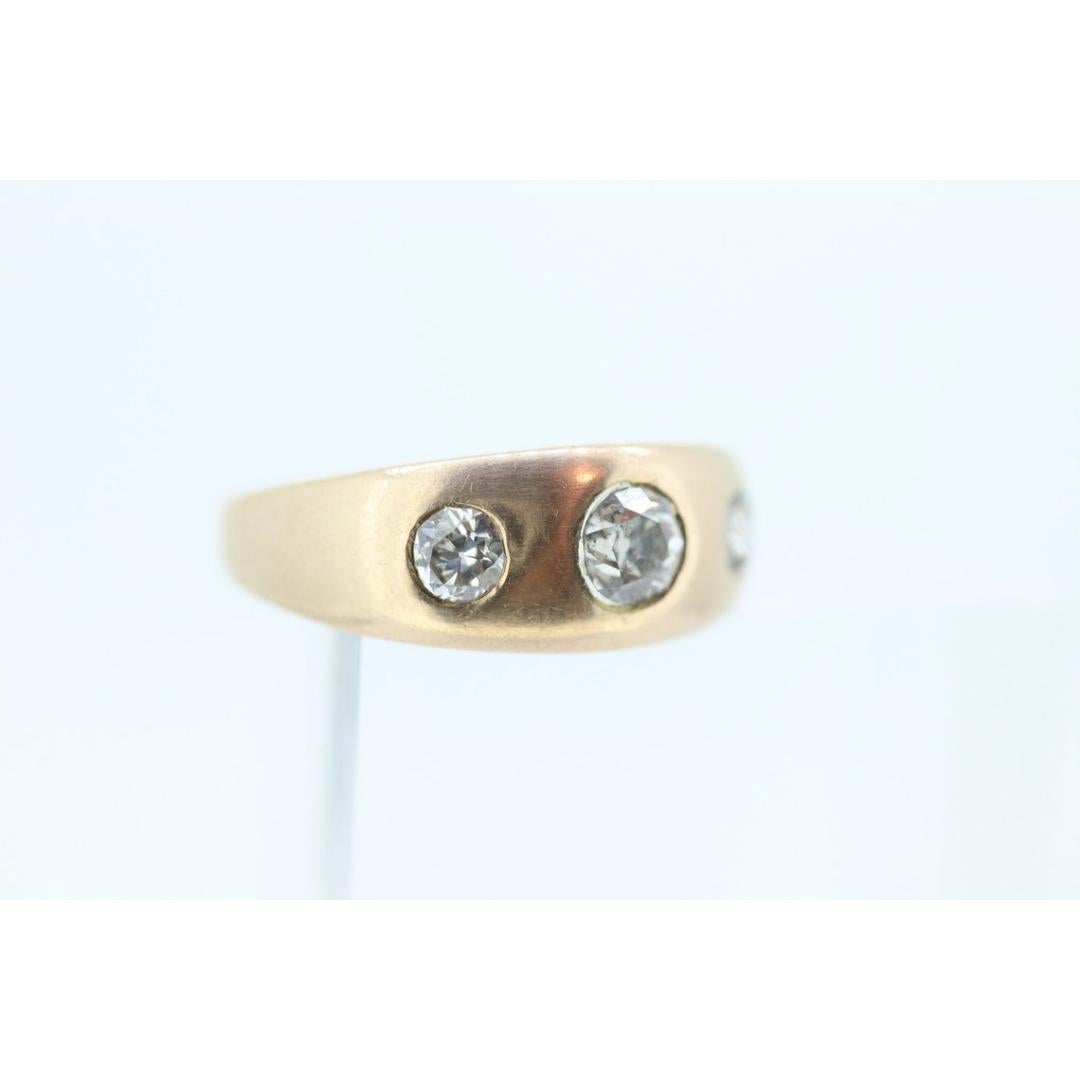 Antique 14k Triple Diamond signet ring. Gypsy Diamond bezel set into Signet band For Sale 1