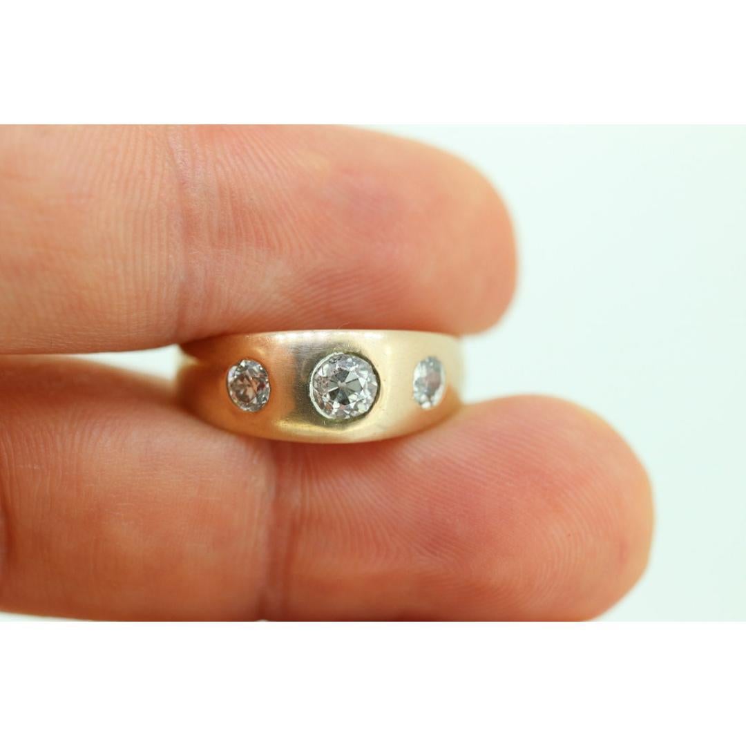 Antique 14k Triple Diamond signet ring. Gypsy Diamond bezel set into Signet band For Sale 2