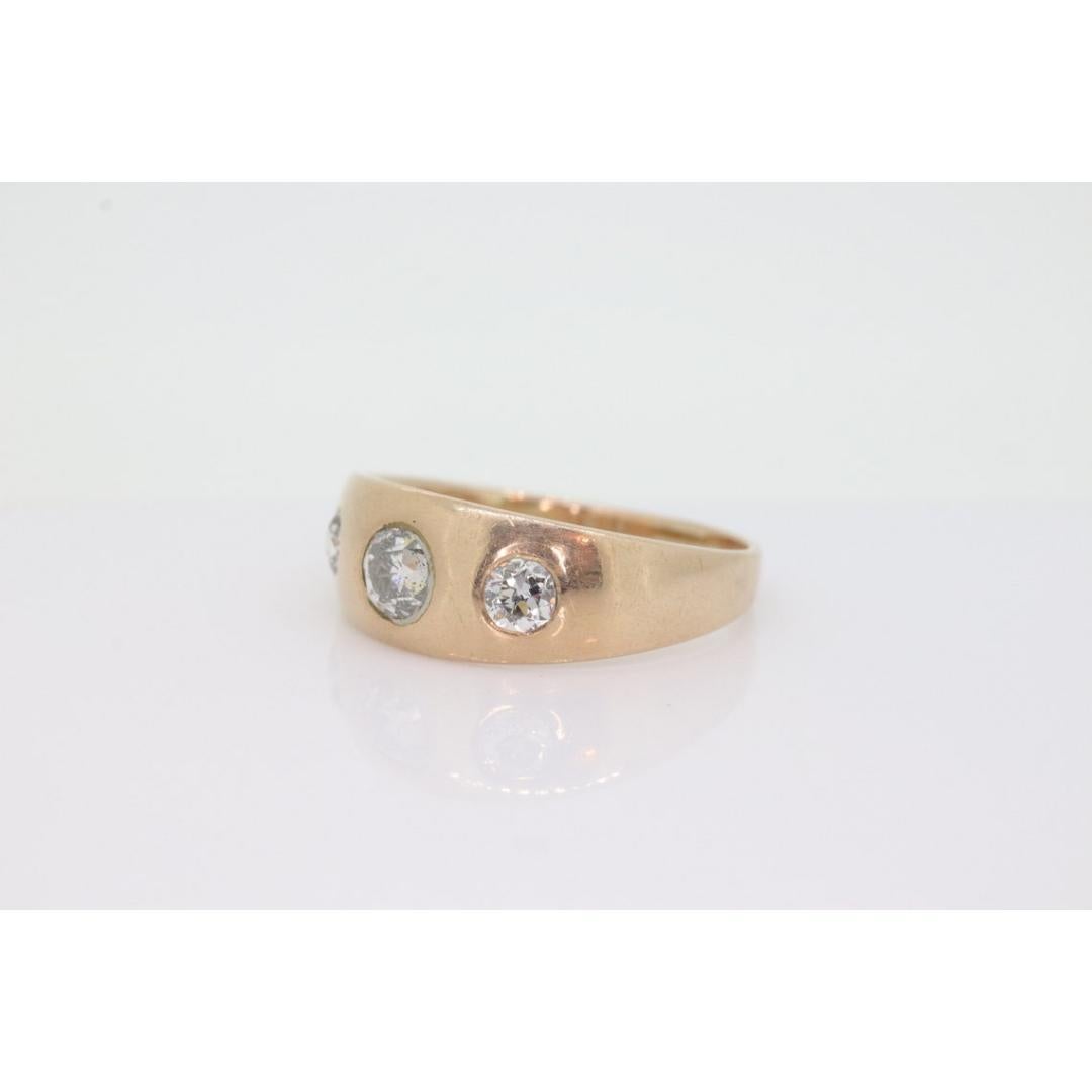 Antique 14k Triple Diamond signet ring. Gypsy Diamond bezel set into Signet band For Sale 3