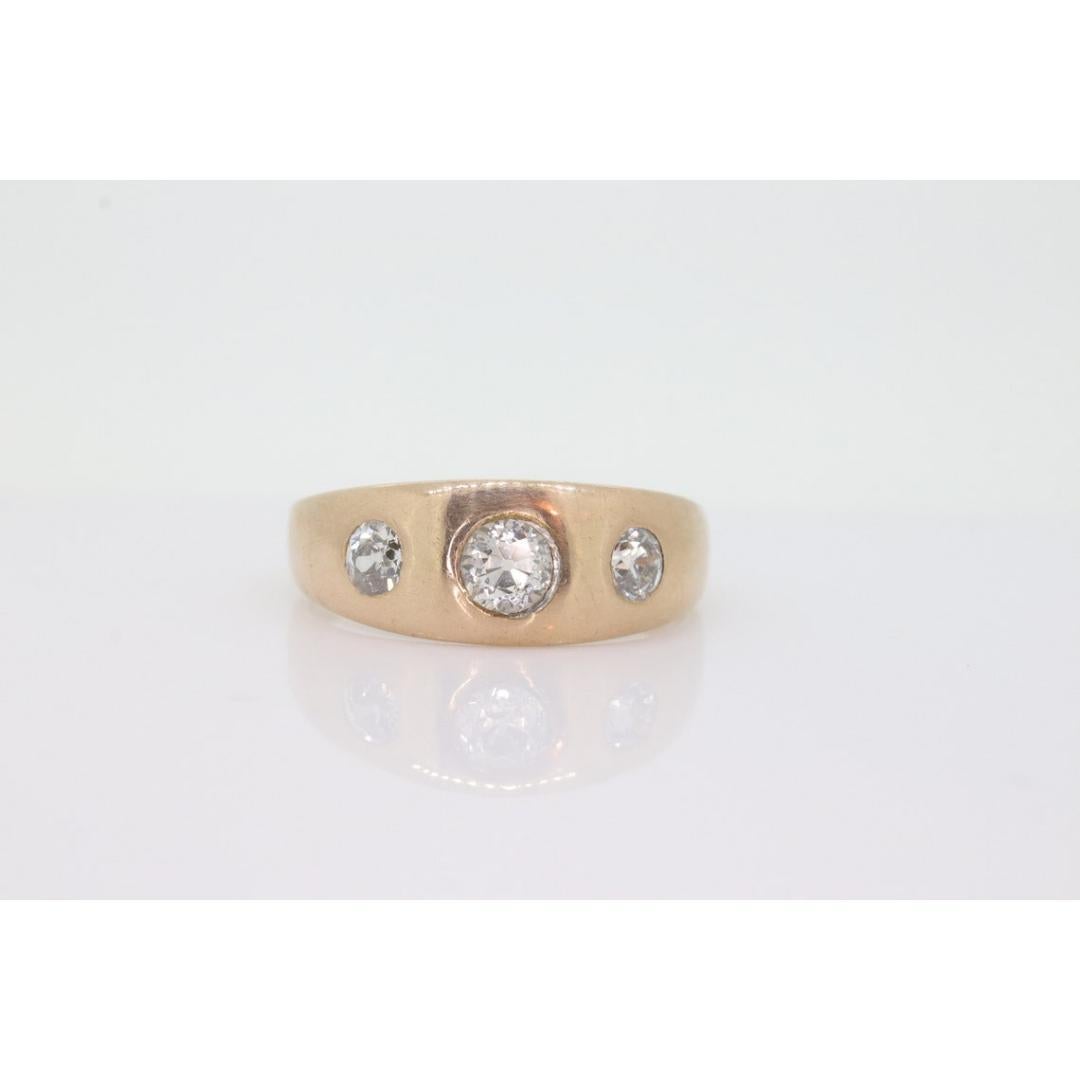 Antique 14k Triple Diamond signet ring. Gypsy Diamond bezel set into Signet band For Sale 4