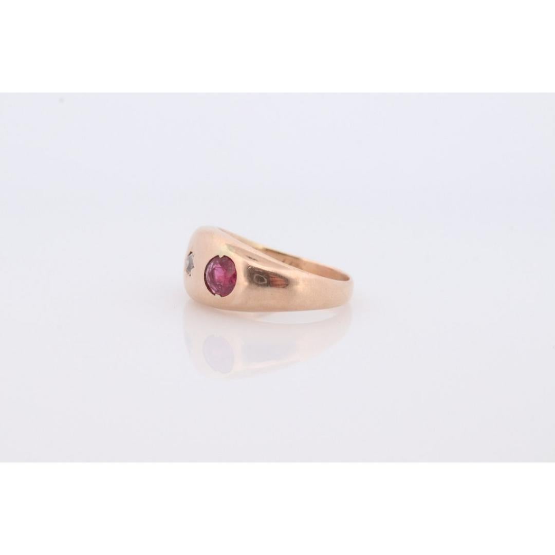 Antique 14k Triple Ruby Diamond signet ring. Gypsy Diamond bezel set into Signet In Good Condition For Sale In Port Charlotte, FL