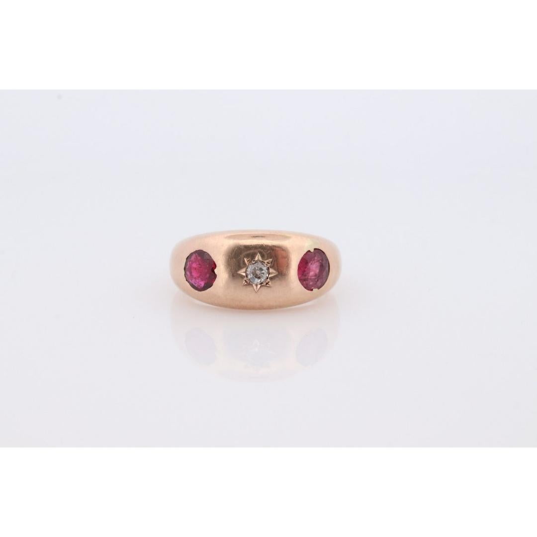 Women's Antique 14k Triple Ruby Diamond signet ring. Gypsy Diamond bezel set into Signet For Sale