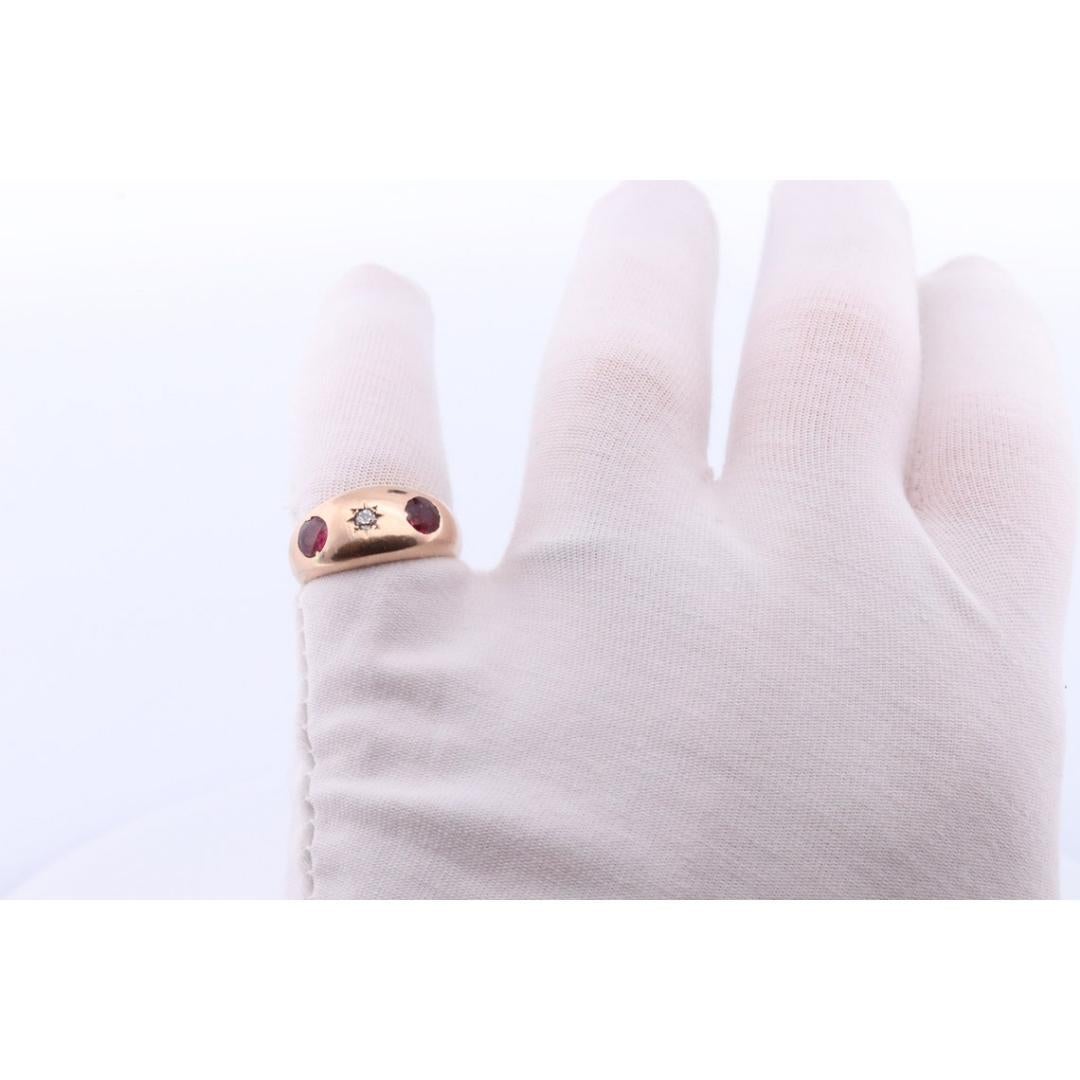 Antique 14k Triple Ruby Diamond signet ring. Gypsy Diamond bezel set into Signet For Sale 2