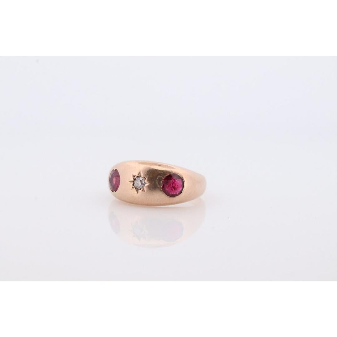 Antique 14k Triple Ruby Diamond signet ring. Gypsy Diamond bezel set into Signet For Sale 4