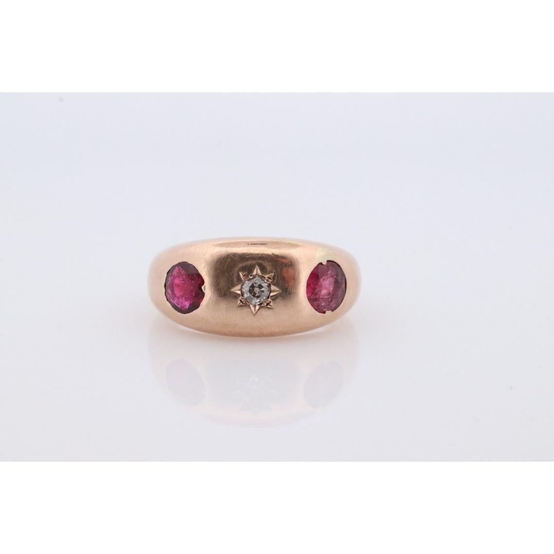 Antique 14k Triple Ruby Diamond signet ring. Gypsy Diamond bezel set into Signet For Sale 5