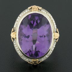 Antique 14k TT Gold 15ctw Amethyst Seed Pearl Halo Floral Filigree Cocktail Ring