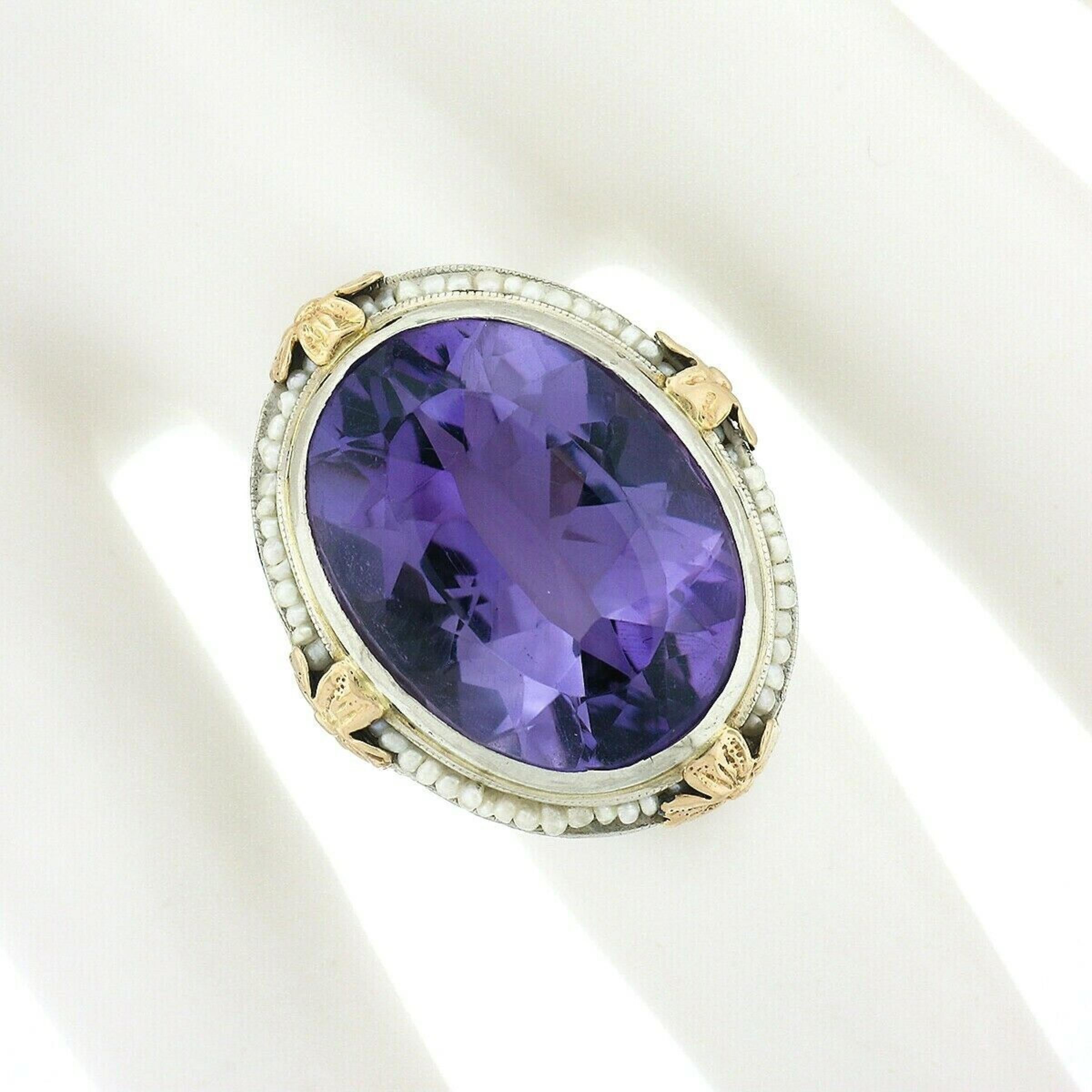 Anillo de cóctel de filigrana floral con halo de amatista de 15 quilates de oro TT antiguo de 14 quilates Art Decó en venta