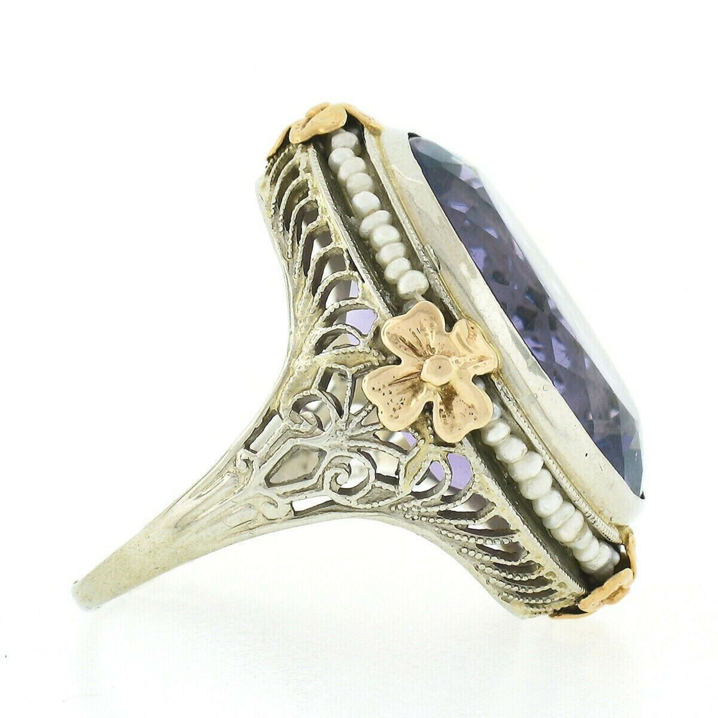 Anillo de cóctel de filigrana floral con halo de amatista de 15 quilates de oro TT antiguo de 14 quilates Corte oval en venta