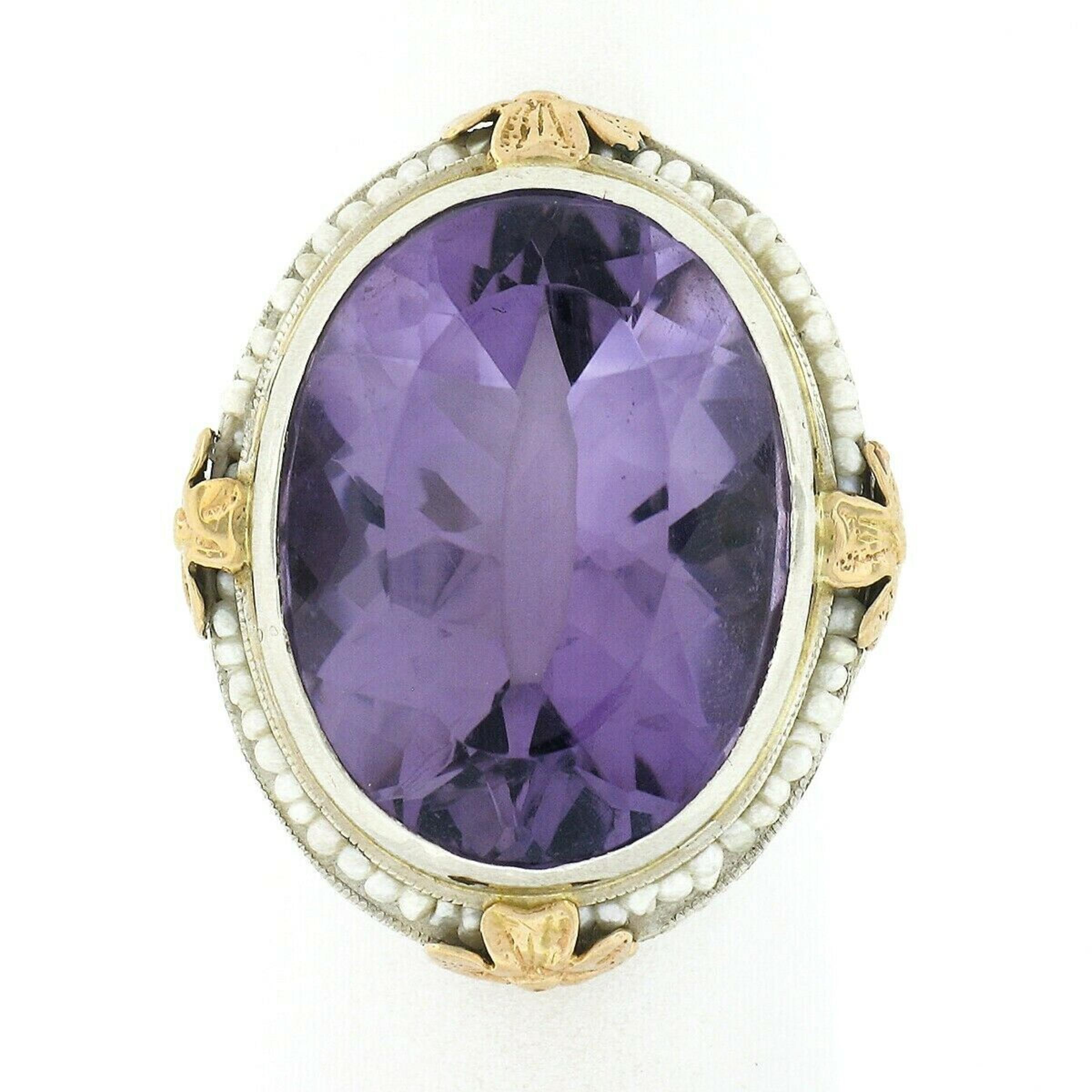 Art Deco Antique 14k TT Gold 15ctw Amethyst Seed Pearl Halo Floral Filigree Cocktail Ring For Sale