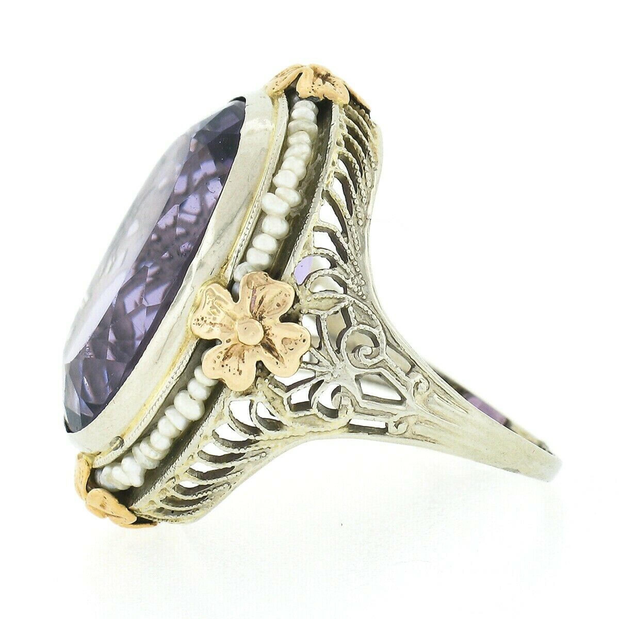 Oval Cut Antique 14k TT Gold 15ctw Amethyst Seed Pearl Halo Floral Filigree Cocktail Ring For Sale