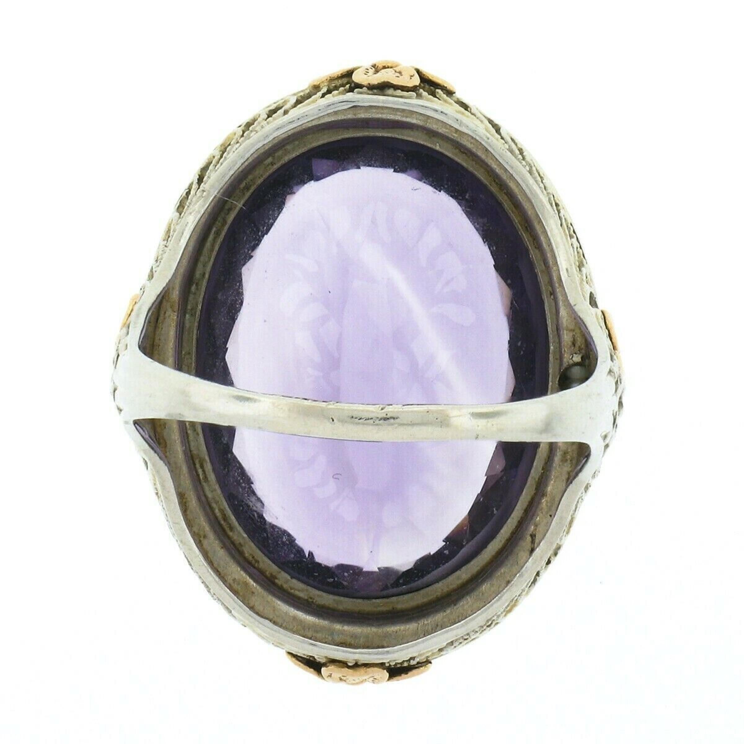 Antique 14k TT Gold 15ctw Amethyst Seed Pearl Halo Floral Filigree Cocktail Ring In Good Condition For Sale In Montclair, NJ