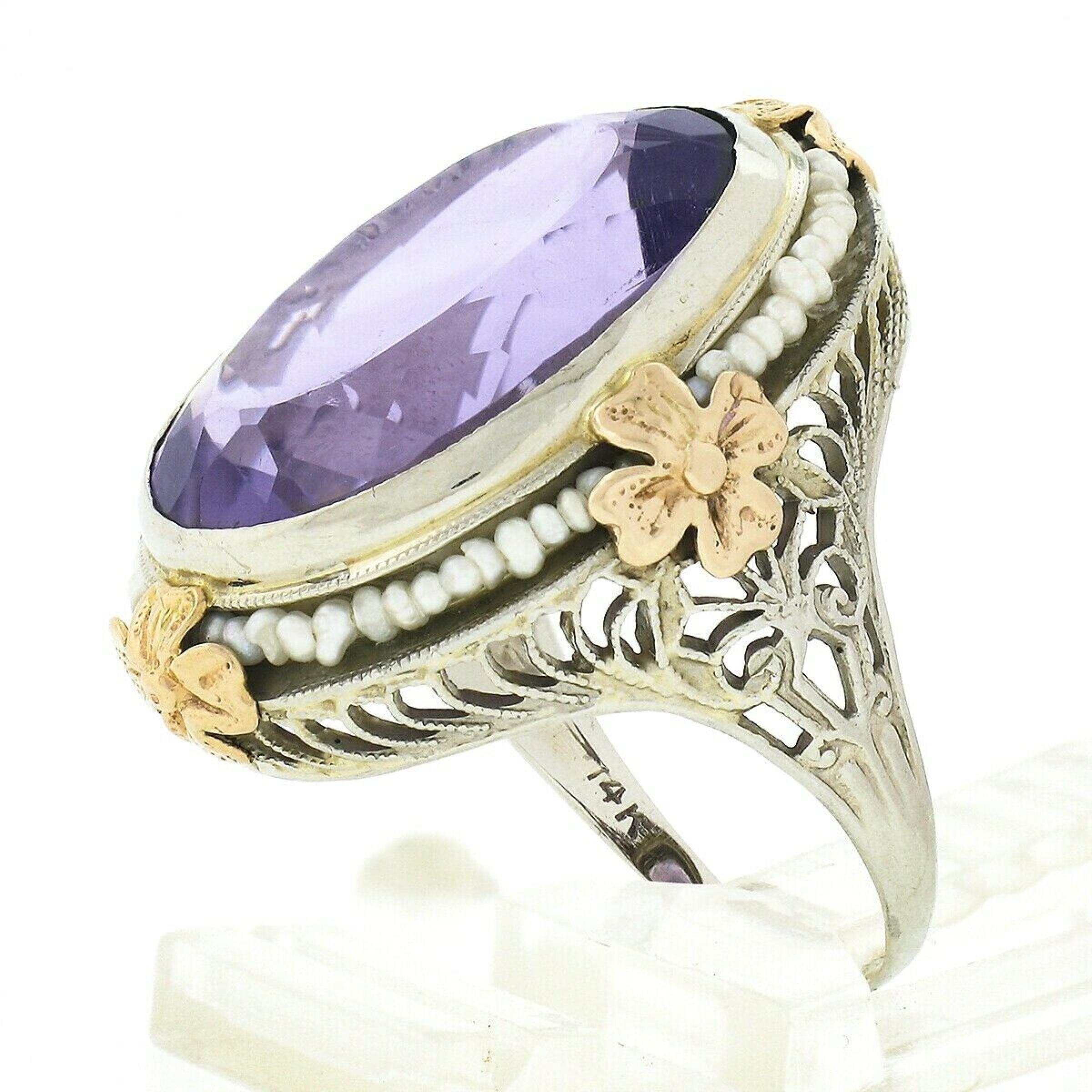 Women's Antique 14k TT Gold 15ctw Amethyst Seed Pearl Halo Floral Filigree Cocktail Ring For Sale